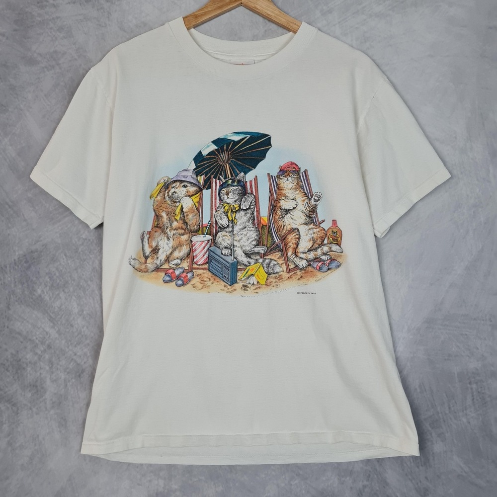 Vintage Prints Of Tails Shirt Mens Medium White Beach Cats Graphic Tee T-Shirt